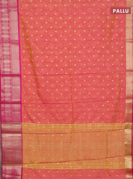 Semi raw silk saree dual shade of mustard yellow and pink with allover kalamkari prints & 1000 zari buttas and zari woven border