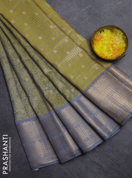 Semi raw silk saree elaichi green and grey with allover kalamkari prints & 1000 zari buttas and zari woven border