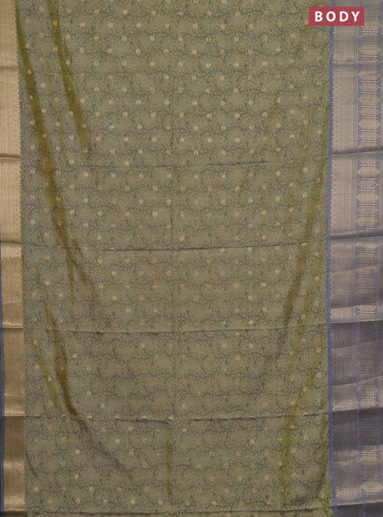 Semi raw silk saree elaichi green and grey with allover kalamkari prints & 1000 zari buttas and zari woven border