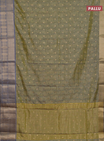Semi raw silk saree elaichi green and grey with allover kalamkari prints & 1000 zari buttas and zari woven border