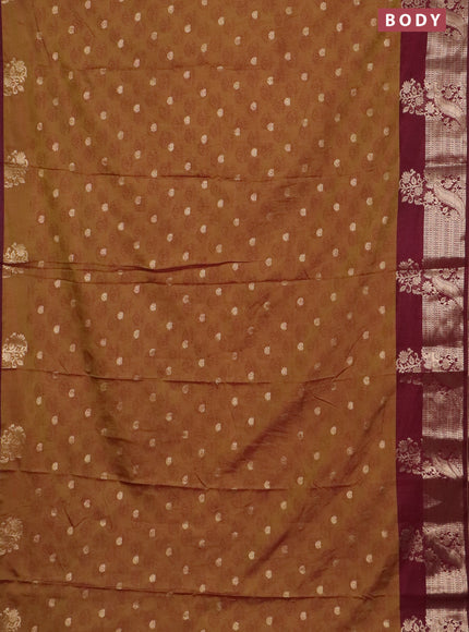 Semi raw silk saree dual shade of dark mustard green and wine shade with allover floral butta prints & 1000 zari buttas and zari woven border