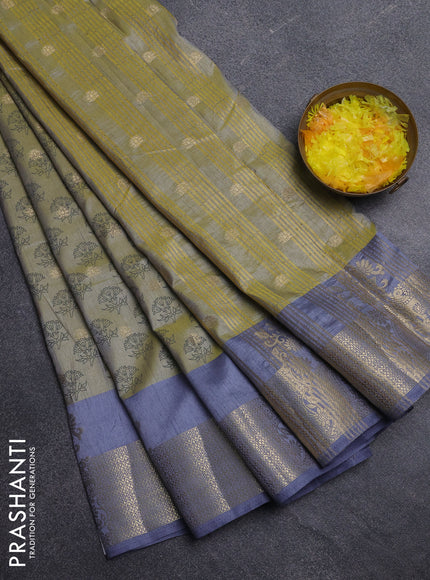 Semi raw silk saree elaichi green and grey with allover floral butta prints & 1000 zari buttas and zari woven border