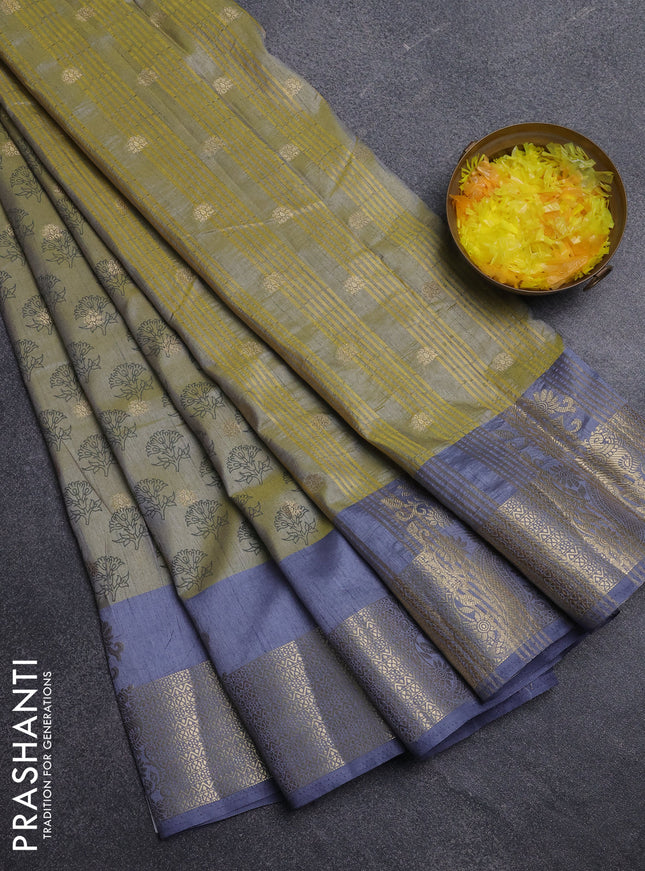 Semi raw silk saree elaichi green and grey with allover floral butta prints & 1000 zari buttas and zari woven border