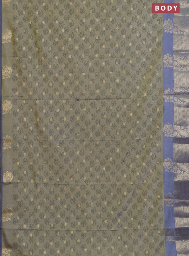Semi raw silk saree elaichi green and grey with allover floral butta prints & 1000 zari buttas and zari woven border