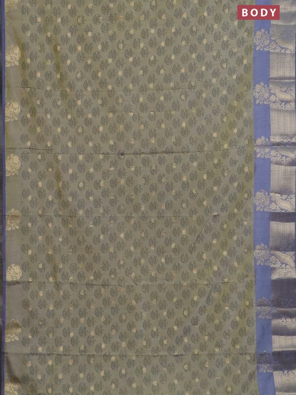 Semi raw silk saree elaichi green and grey with allover floral butta prints & 1000 zari buttas and zari woven border