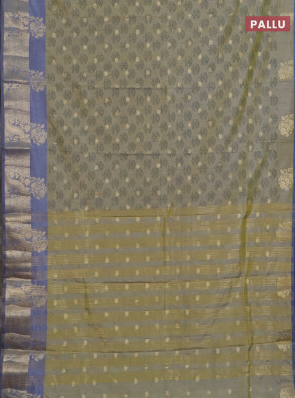 Semi raw silk saree elaichi green and grey with allover floral butta prints & 1000 zari buttas and zari woven border