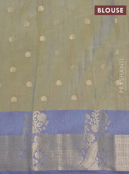 Semi raw silk saree elaichi green and grey with allover floral butta prints & 1000 zari buttas and zari woven border