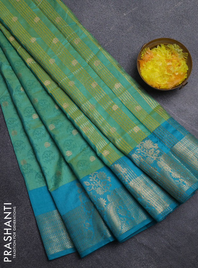 Semi raw silk saree dual shade of light green and teal green with allover floral butta prints & 1000 zari buttas and zari woven border