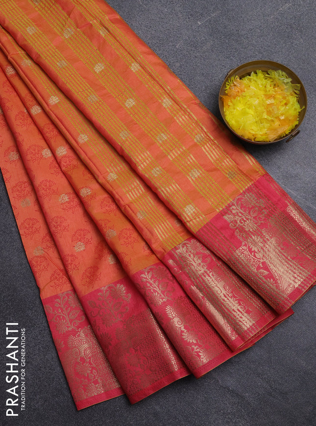 Semi raw silk saree dual shade of orange and peach pink with allover floral butta prints & 1000 zari buttas and zari woven border
