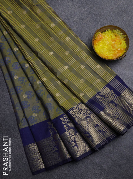 Semi raw silk saree mehendi green and navy blue with allover floral butta prints & 1000 zari buttas and zari woven border