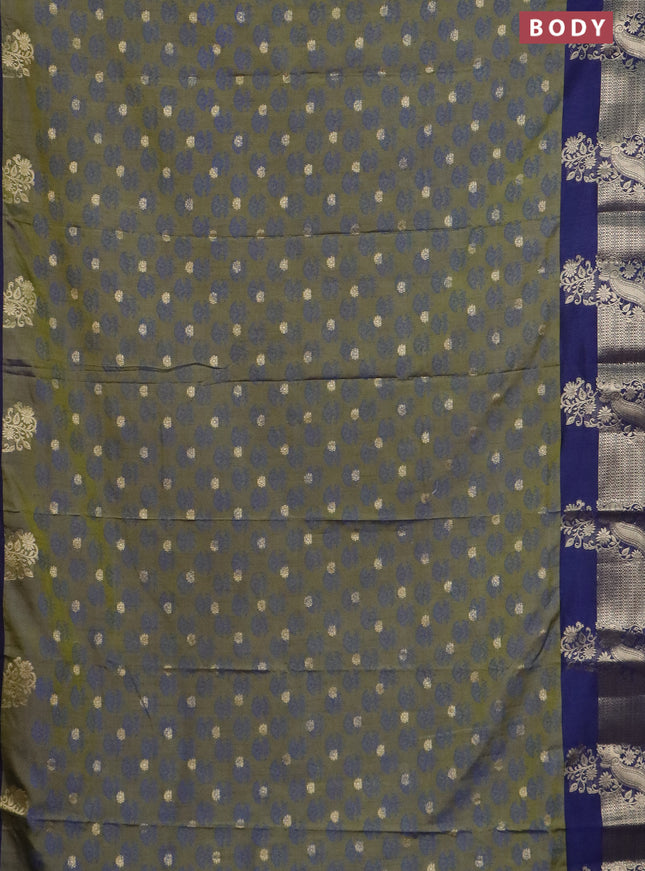 Semi raw silk saree mehendi green and navy blue with allover floral butta prints & 1000 zari buttas and zari woven border
