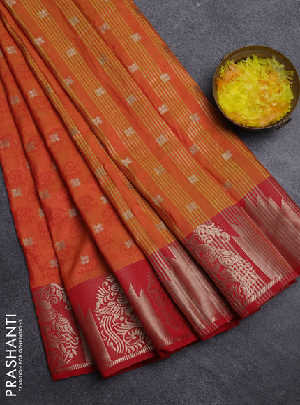 Semi raw silk saree dual shade of orange and red with allover floral butta prints & 1000 zari buttas and zari woven border