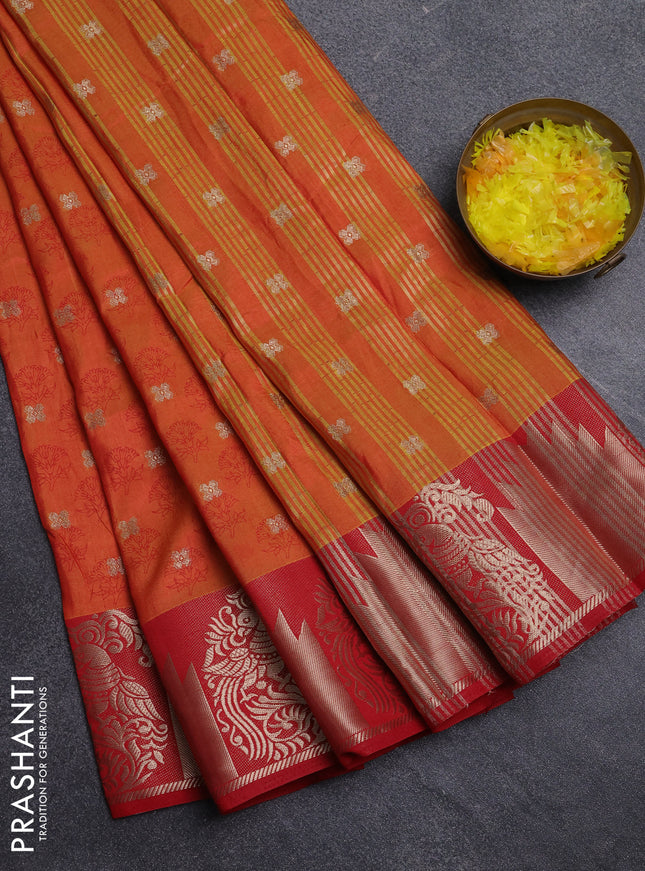 Semi raw silk saree dual shade of orange and red with allover floral butta prints & 1000 zari buttas and zari woven border