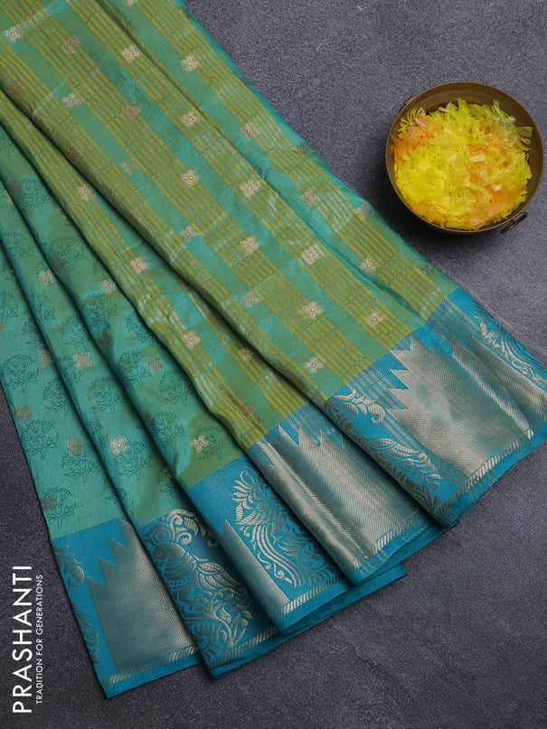 Semi raw silk saree dual shade of teal bluish green and teal green with allover floral butta prints & 1000 zari buttas and zari woven border