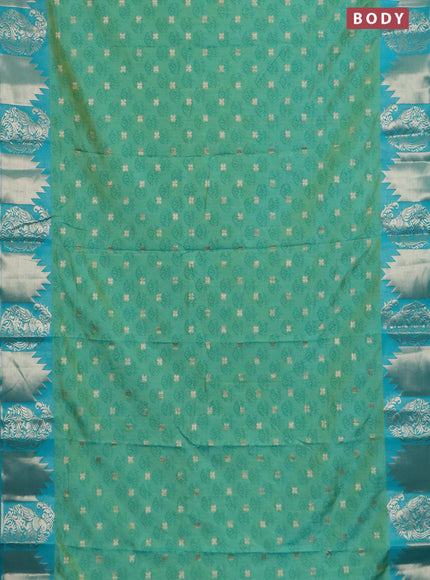 Semi raw silk saree dual shade of teal bluish green and teal green with allover floral butta prints & 1000 zari buttas and zari woven border