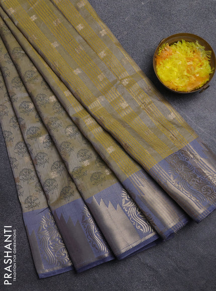 Semi raw silk saree elaichi green and grey with allover floral butta prints & 1000 zari buttas and zari woven border