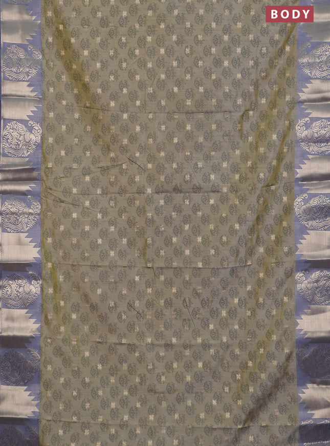 Semi raw silk saree elaichi green and grey with allover floral butta prints & 1000 zari buttas and zari woven border