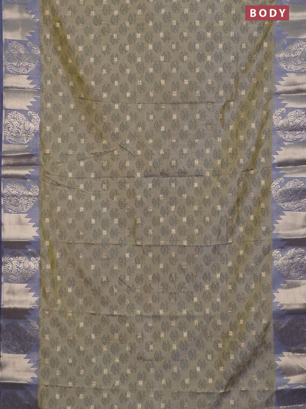 Semi raw silk saree elaichi green and grey with allover floral butta prints & 1000 zari buttas and zari woven border