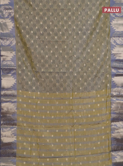Semi raw silk saree elaichi green and grey with allover floral butta prints & 1000 zari buttas and zari woven border