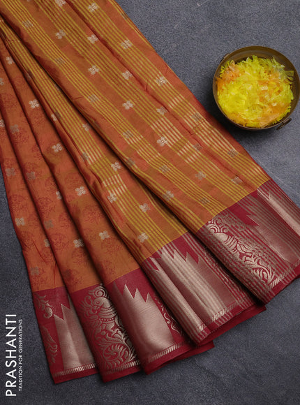 Semi raw silk saree dark mustard and maroon with allover floral butta prints & 1000 zari buttas and zari woven border