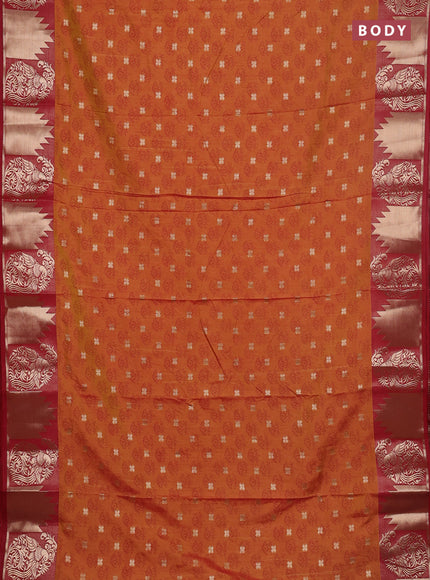 Semi raw silk saree dark mustard and maroon with allover floral butta prints & 1000 zari buttas and zari woven border