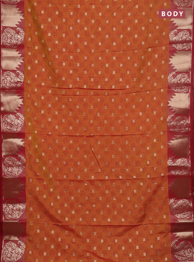 Semi raw silk saree dark mustard and maroon with allover floral butta prints & 1000 zari buttas and zari woven border