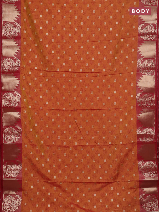 Semi raw silk saree dark mustard and maroon with allover floral butta prints & 1000 zari buttas and zari woven border