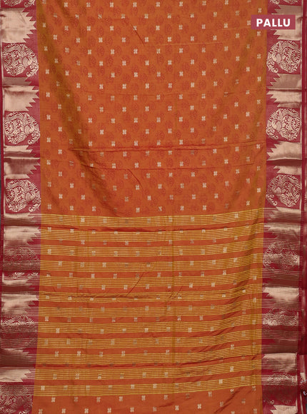 Semi raw silk saree dark mustard and maroon with allover floral butta prints & 1000 zari buttas and zari woven border