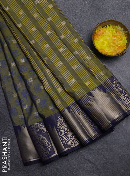Semi raw silk saree mehendi green and navy blue with allover floral butta prints & 1000 zari buttas and zari woven border