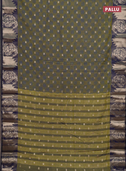 Semi raw silk saree mehendi green and navy blue with allover floral butta prints & 1000 zari buttas and zari woven border