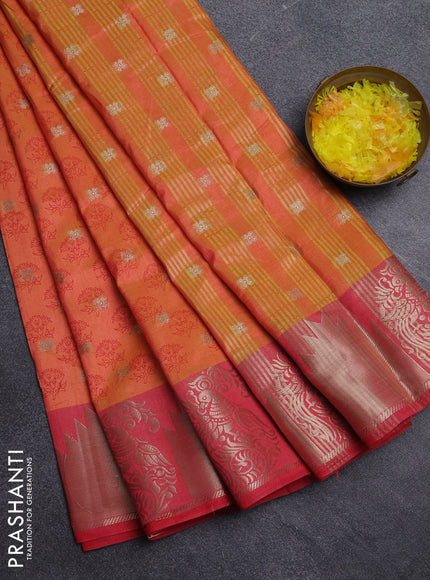 Semi raw silk saree dual shade of orange and peach pink with allover floral butta prints & 1000 zari buttas and zari woven border