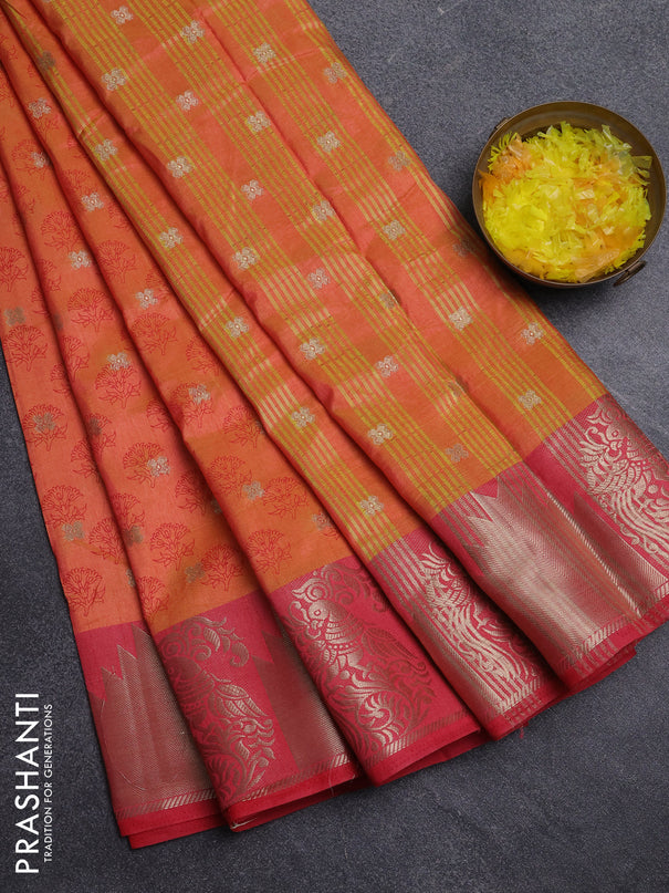 Semi raw silk saree dual shade of orange and peach pink with allover floral butta prints & 1000 zari buttas and zari woven border
