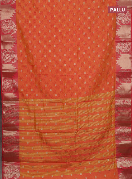 Semi raw silk saree dual shade of orange and peach pink with allover floral butta prints & 1000 zari buttas and zari woven border