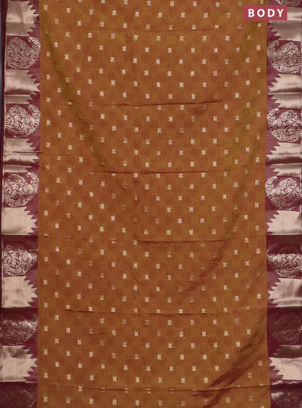 Semi raw silk saree dark mustard green and wine shade with allover floral butta prints & 1000 zari buttas and zari woven border