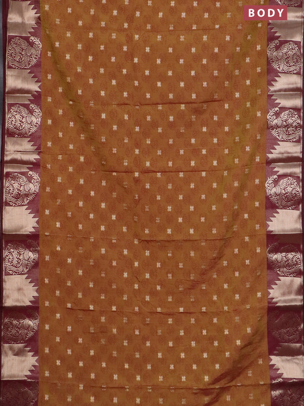 Semi raw silk saree dark mustard green and wine shade with allover floral butta prints & 1000 zari buttas and zari woven border