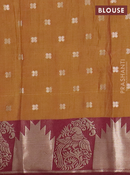 Semi raw silk saree dark mustard green and wine shade with allover floral butta prints & 1000 zari buttas and zari woven border