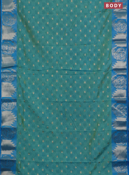 Semi raw silk saree dual shade of teal blue and cs blue with allover floral butta prints & 1000 zari buttas and zari woven border