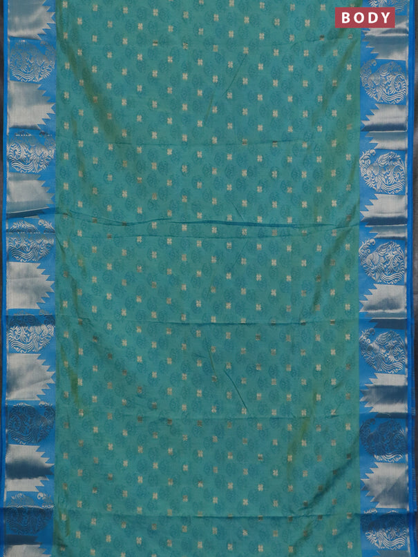 Semi raw silk saree dual shade of teal blue and cs blue with allover floral butta prints & 1000 zari buttas and zari woven border