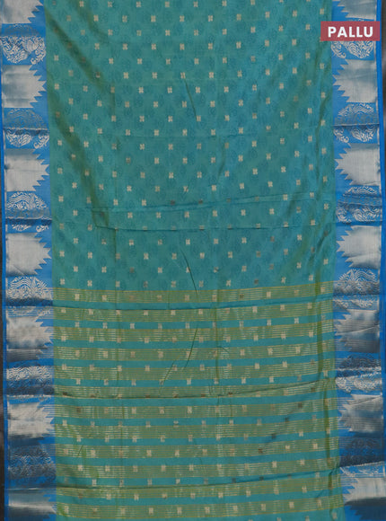 Semi raw silk saree dual shade of teal blue and cs blue with allover floral butta prints & 1000 zari buttas and zari woven border
