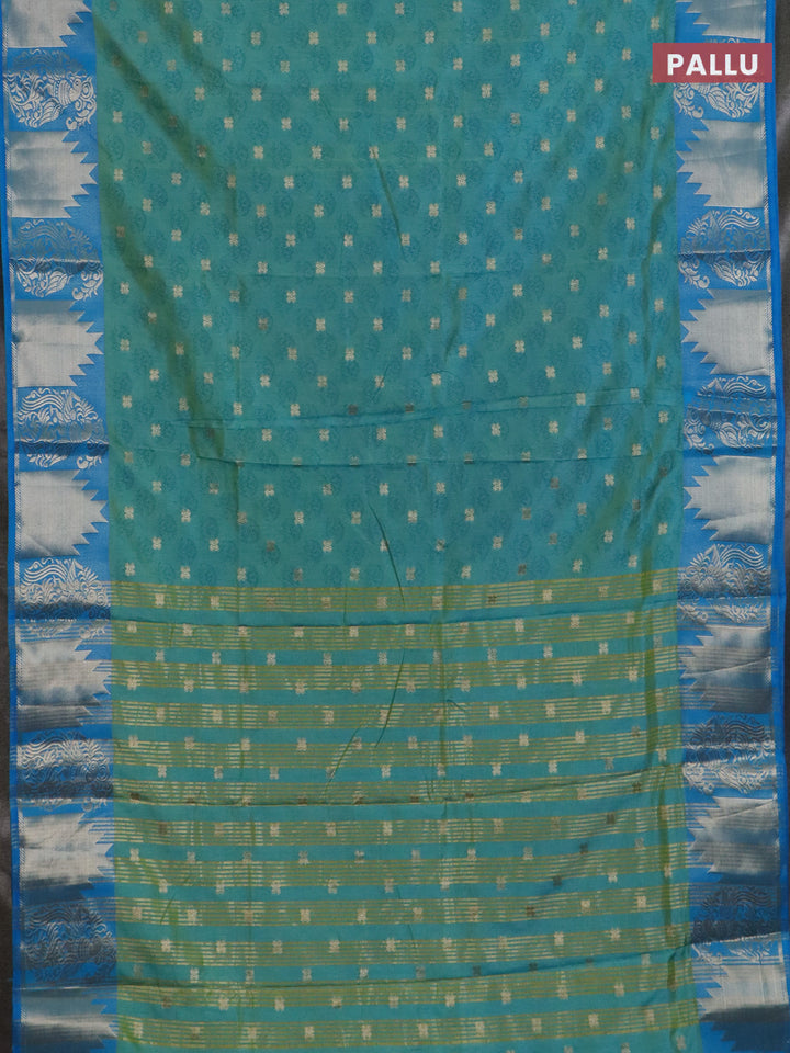 Semi raw silk saree dual shade of teal blue and cs blue with allover floral butta prints & 1000 zari buttas and zari woven border