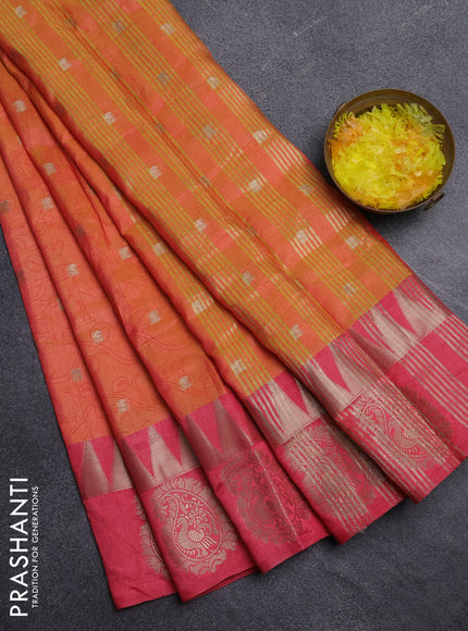 Semi raw silk saree dual shade of orange and peach pink with allover kalamkari prints & 1000 zari buttas and zari woven paisley butta border