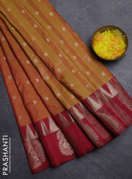 Semi raw silk saree dark mustard and maroon with allover kalamkari prints & 1000 zari buttas and zari woven paisley butta border