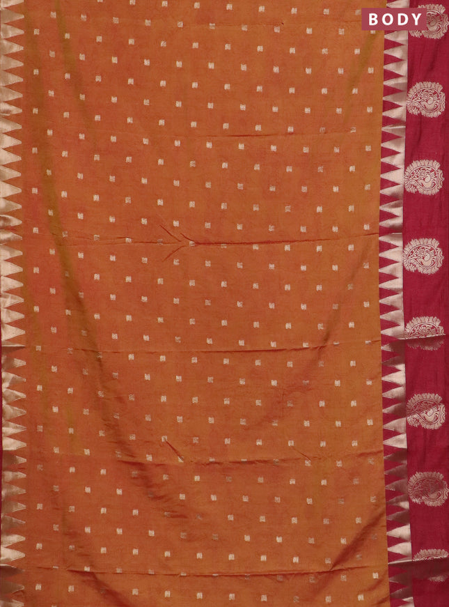 Semi raw silk saree dark mustard and maroon with allover kalamkari prints & 1000 zari buttas and zari woven paisley butta border