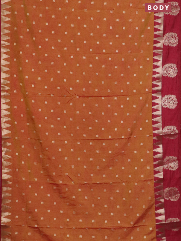 Semi raw silk saree dark mustard and maroon with allover kalamkari prints & 1000 zari buttas and zari woven paisley butta border