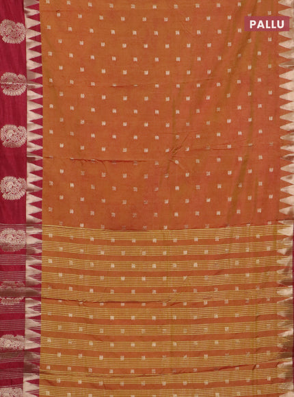 Semi raw silk saree dark mustard and maroon with allover kalamkari prints & 1000 zari buttas and zari woven paisley butta border
