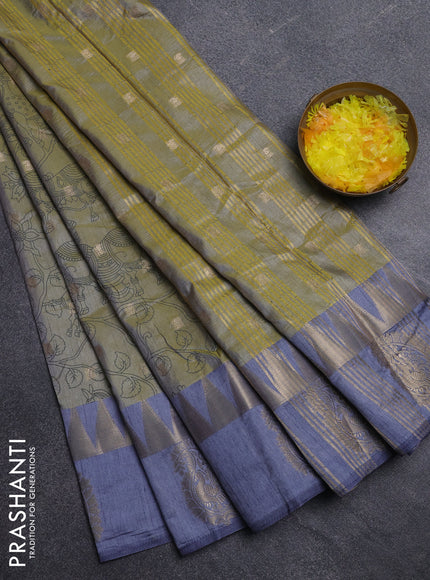 Semi raw silk saree elaichi green and grey with allover kalamkari prints & 1000 zari buttas and zari woven paisley butta border