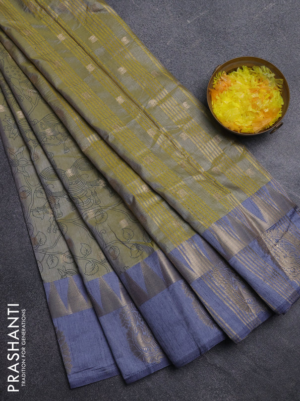 Semi raw silk saree elaichi green and grey with allover kalamkari prints & 1000 zari buttas and zari woven paisley butta border