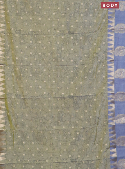 Semi raw silk saree elaichi green and grey with allover kalamkari prints & 1000 zari buttas and zari woven paisley butta border