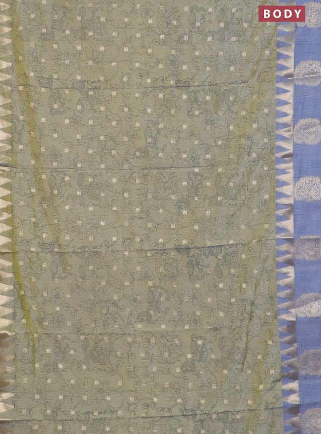 Semi raw silk saree elaichi green and grey with allover kalamkari prints & 1000 zari buttas and zari woven paisley butta border