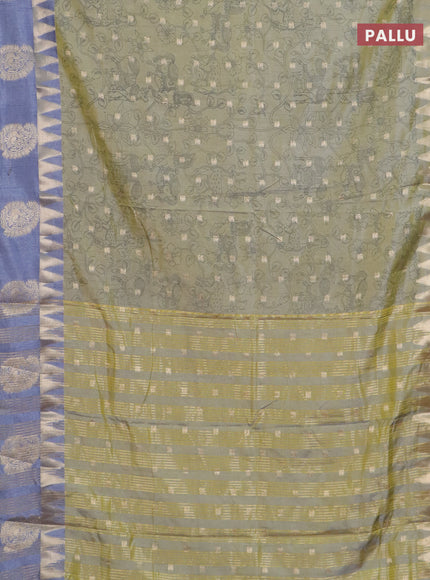 Semi raw silk saree elaichi green and grey with allover kalamkari prints & 1000 zari buttas and zari woven paisley butta border